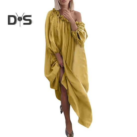 Damenkleid mit schrägem Halsausschnitt, gerafften langen Laternenärmeln, lockere, reine Farbe, plissiert, volle Länge, Urlaub, Strand, Robe, Maxikleid