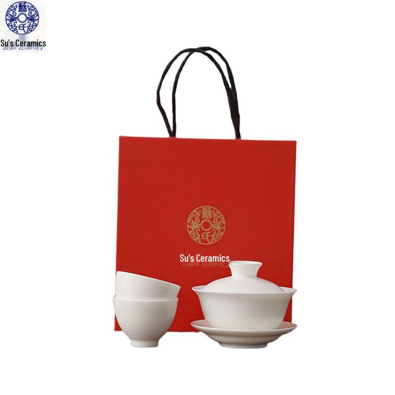 

Dehua White Porcelain San Cai Gaiwan Tea Set with 2 Cups