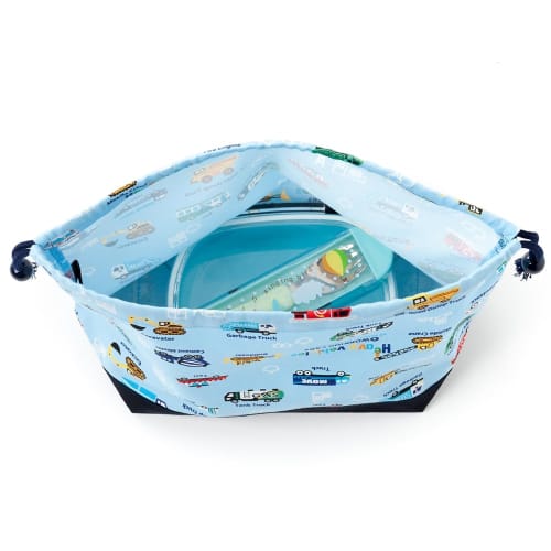 COLORFUL CANDY STYLE Lunch Bag for Boys, Medium Drawstring, Stylish and Cute with Gusset, Full Throttle Working Vehicle (Light Blue) N3469500
