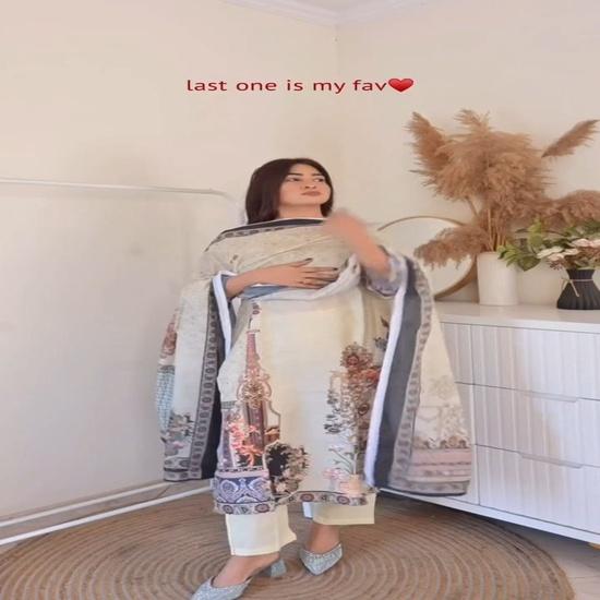 

Элегантный молочно-белый костюм-тройка из газона с цифровым принтом и дупаттой XXL грязно-белый