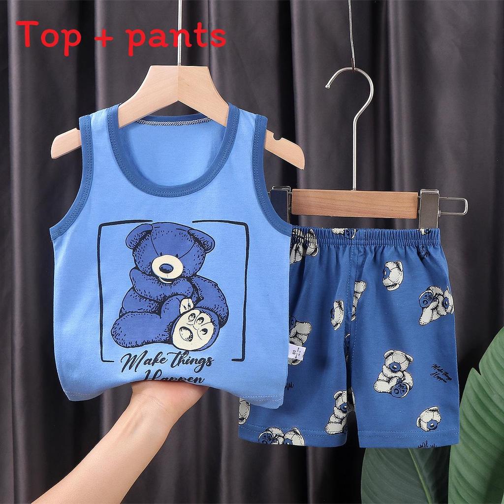 Cotton Kids Summer Sleeveless Shorts Set With Animal Cartoon Prints For Boys And Girls