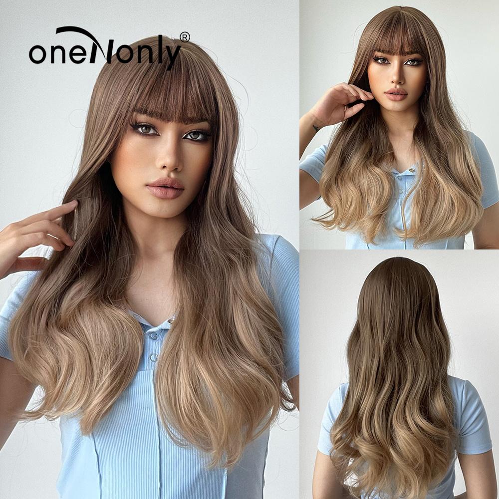 oneNonly Long Body Wave Ombre Brown Pink Synthetic Wigs with Bangs Natural Wave for Women Cosplay Natural Wig Heat Resistant