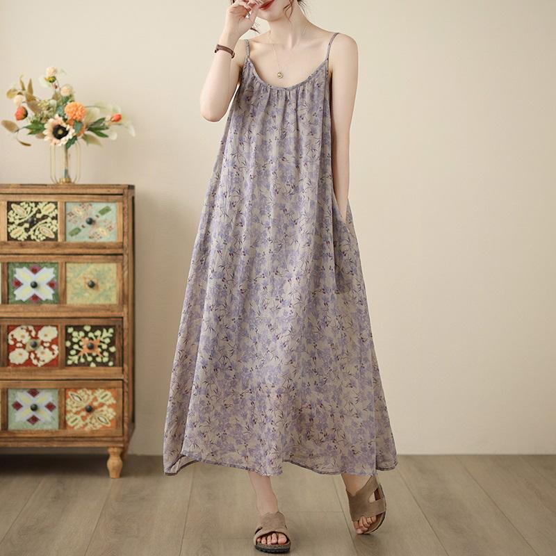 

Без рукавов на бретельках Большие размеры хлопок винтажный цветочный новый в платьях для женщин повседневное свободное длинное летнее платье M фиолетовый