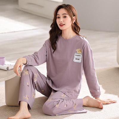 Women's Printed Cotton Pajama Set - Long Sleeve Round Neck Top & Pants for Indoors or Outdoors