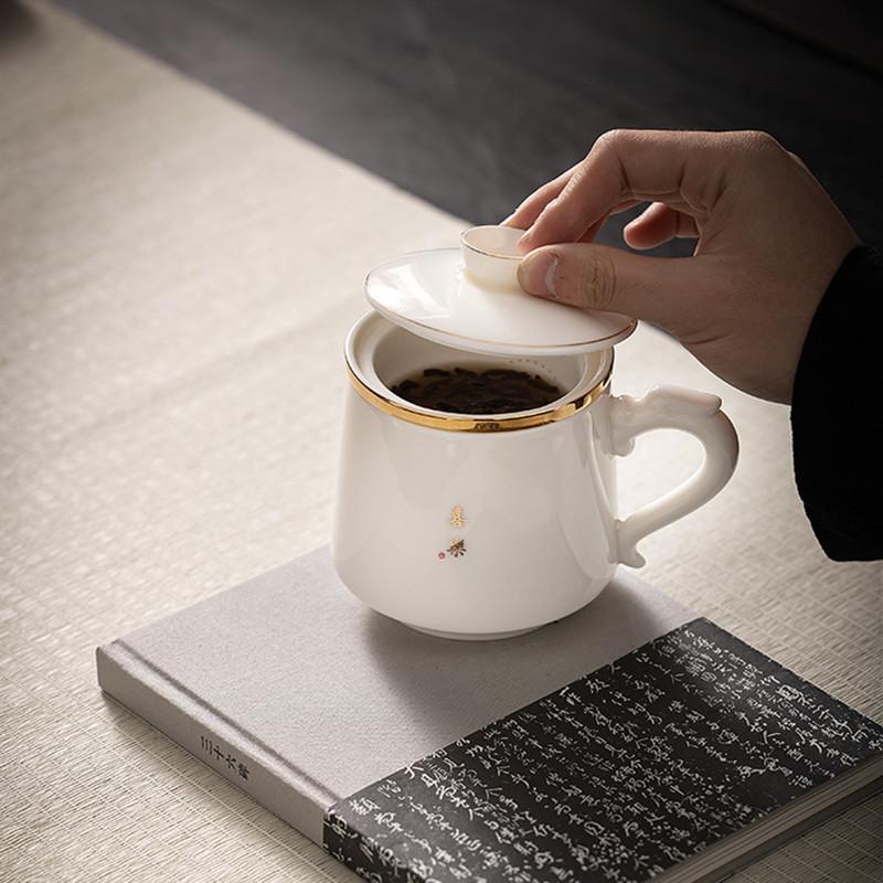 Chinese Suede Jade White Porcelain Tea Cup Mug with Lid and Strainer Ceramic Teacup Tea Water Separation Cup Travel Teaware