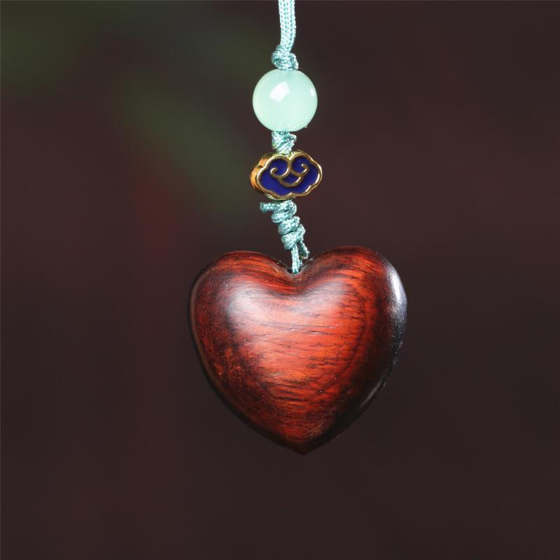 Heart-Shaped Red Sandalwood Wooden Phone Charm Keychain Ornament