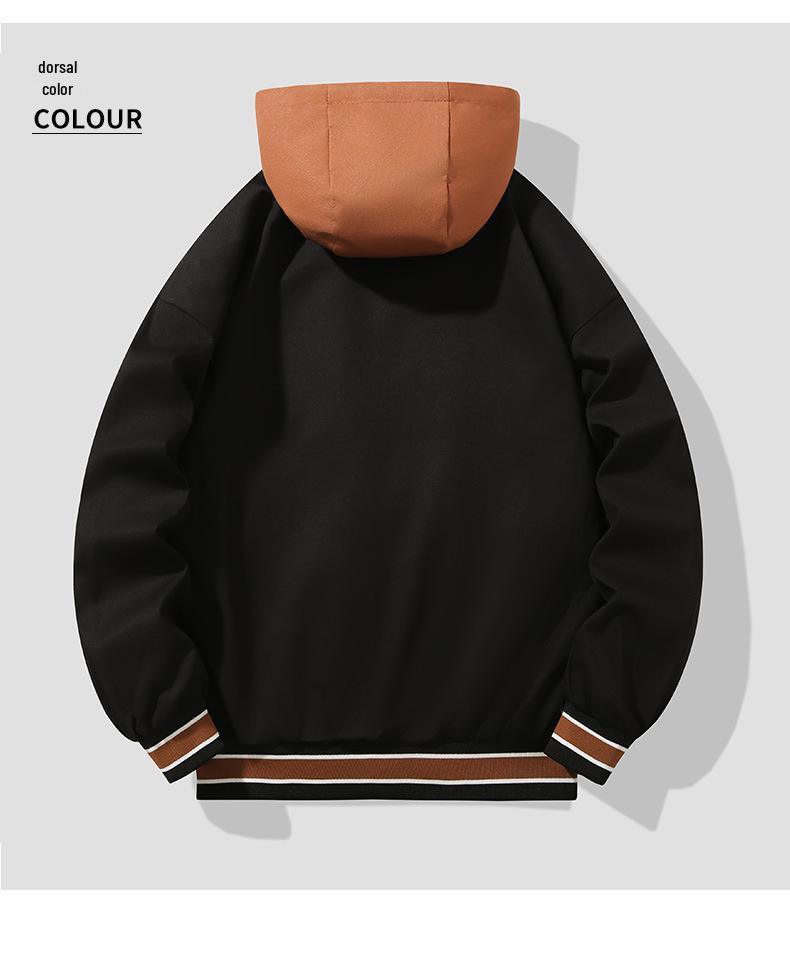 Men's Casual Hooded Jacket - Spring/Autumn 2025 Trendy Embroidered Baseball Style, Fake Two-Piece Design for Couples