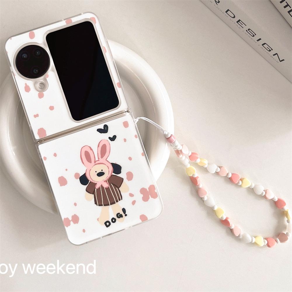 Pink Rabbit Ears Puppy Samsung ZFlip5/34 Mobile Case with Up and Down Folding Screen for OppoN3Flip Bracelet.
