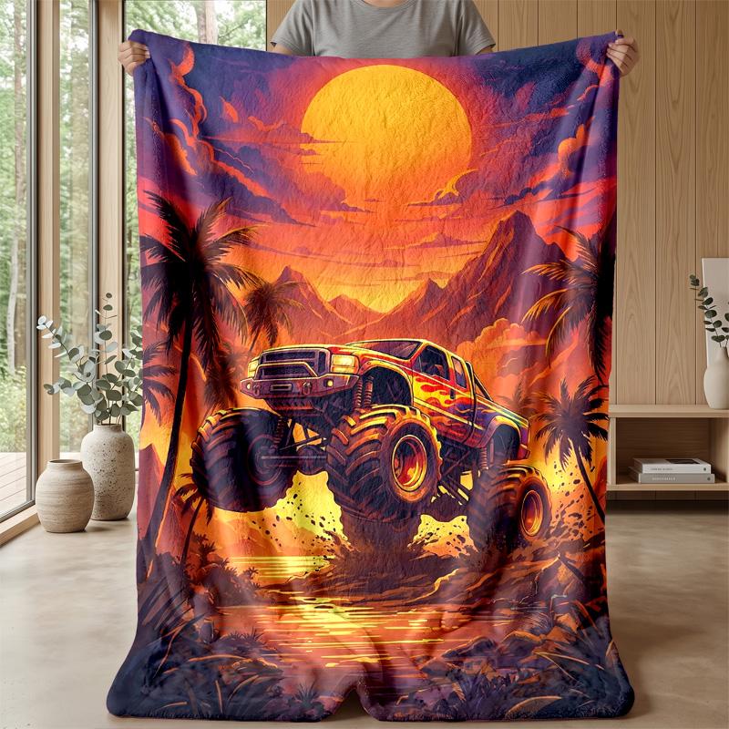 Sunset Monster Truck Adventure Theme Blanket Lightweight Warm Flannel Blanket Decorative Throw Blanket for Home Decoration
