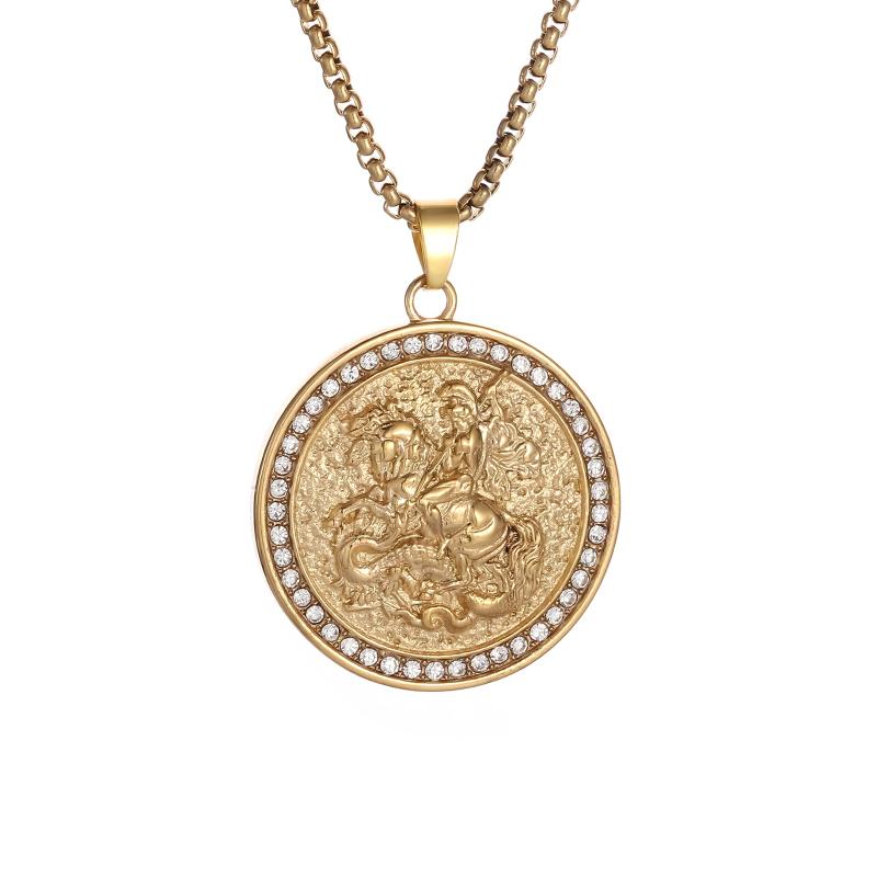Classic Knight Pattern Engraved Zircon Inlaid Medal Pendant Necklace Fashion Rock Hip Hop Party Jewelry for Men