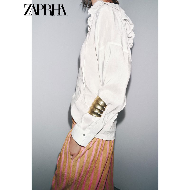 Zaprha 2025 Summer New Fashion Linen Blend Round Neck Loose Long Sleeve Shirts Top 8224149