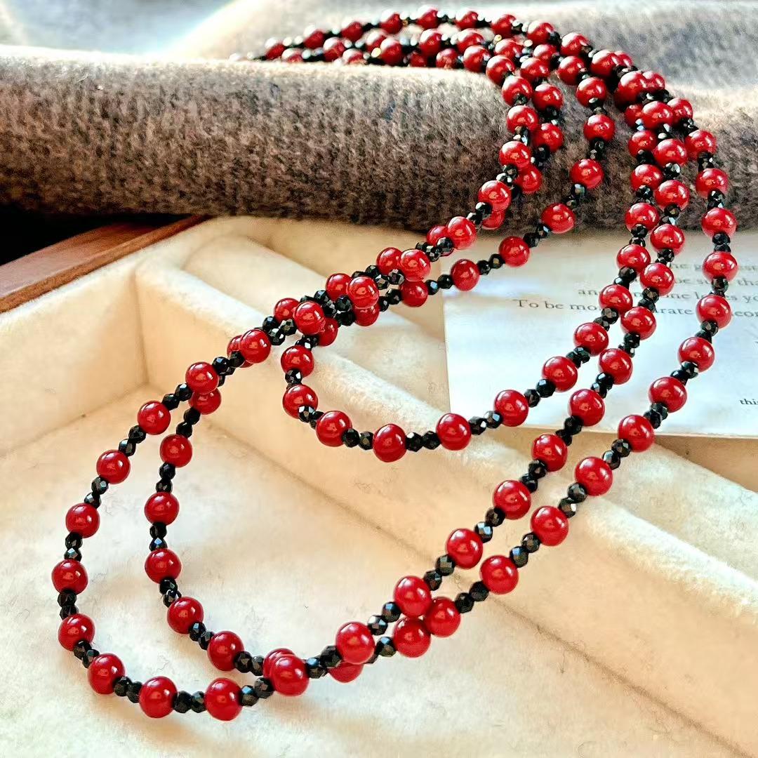 Vintage New Year S Red Faux Cinnabar Black Sharp Clavicle Chain Necklace