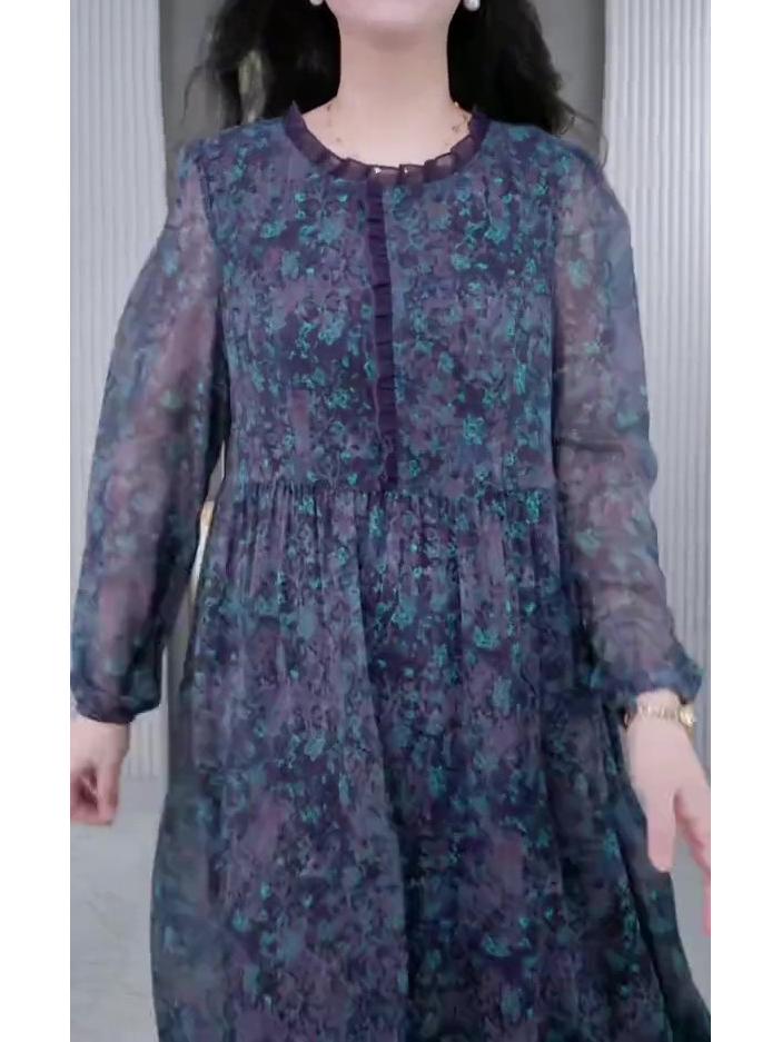 Spring Floral Long Sleeve Chiffon Dress for Middle-Aged Mothers