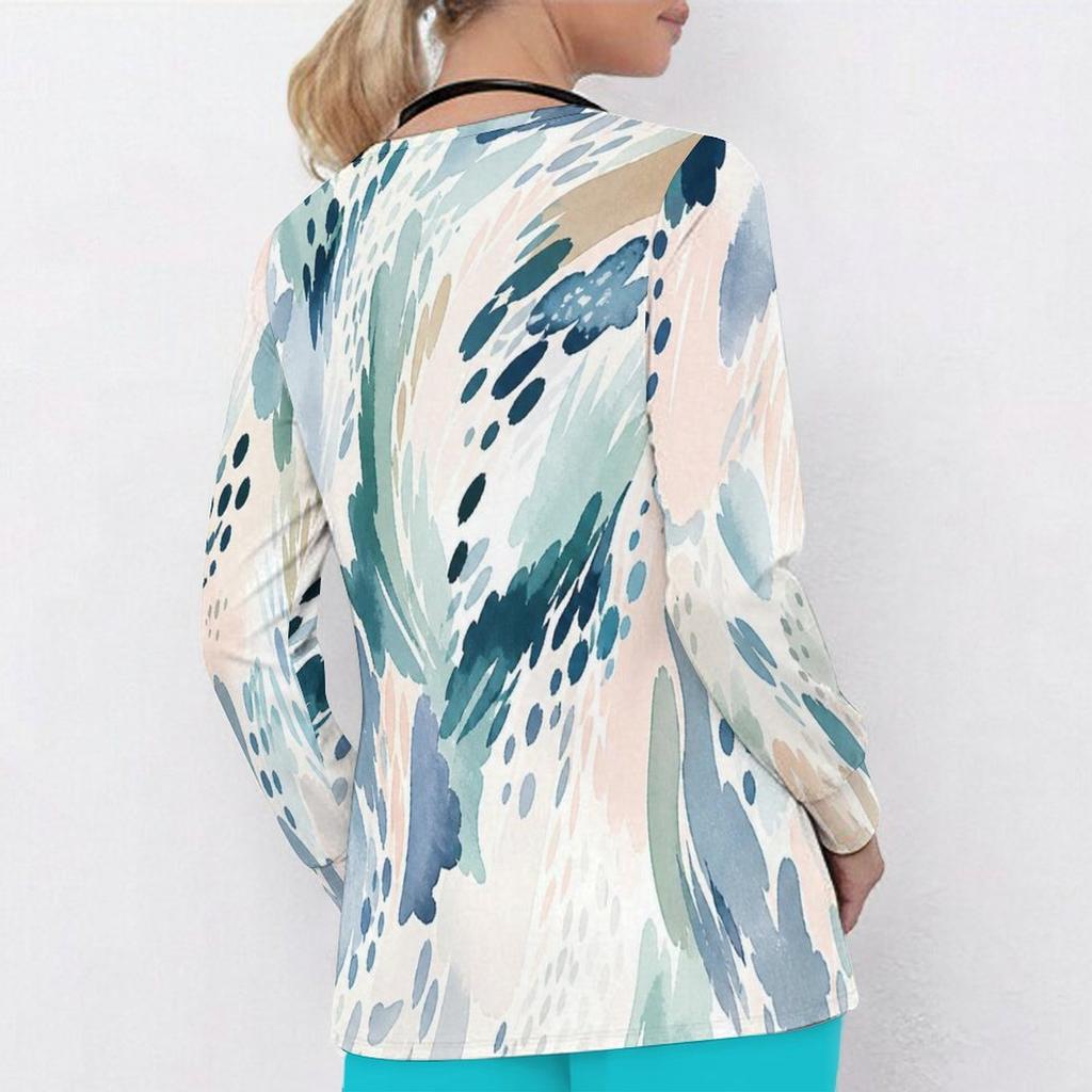 Women Plus Size Multicolor Printed V Neck Long Sleeve Scrub Top With Front Pockets