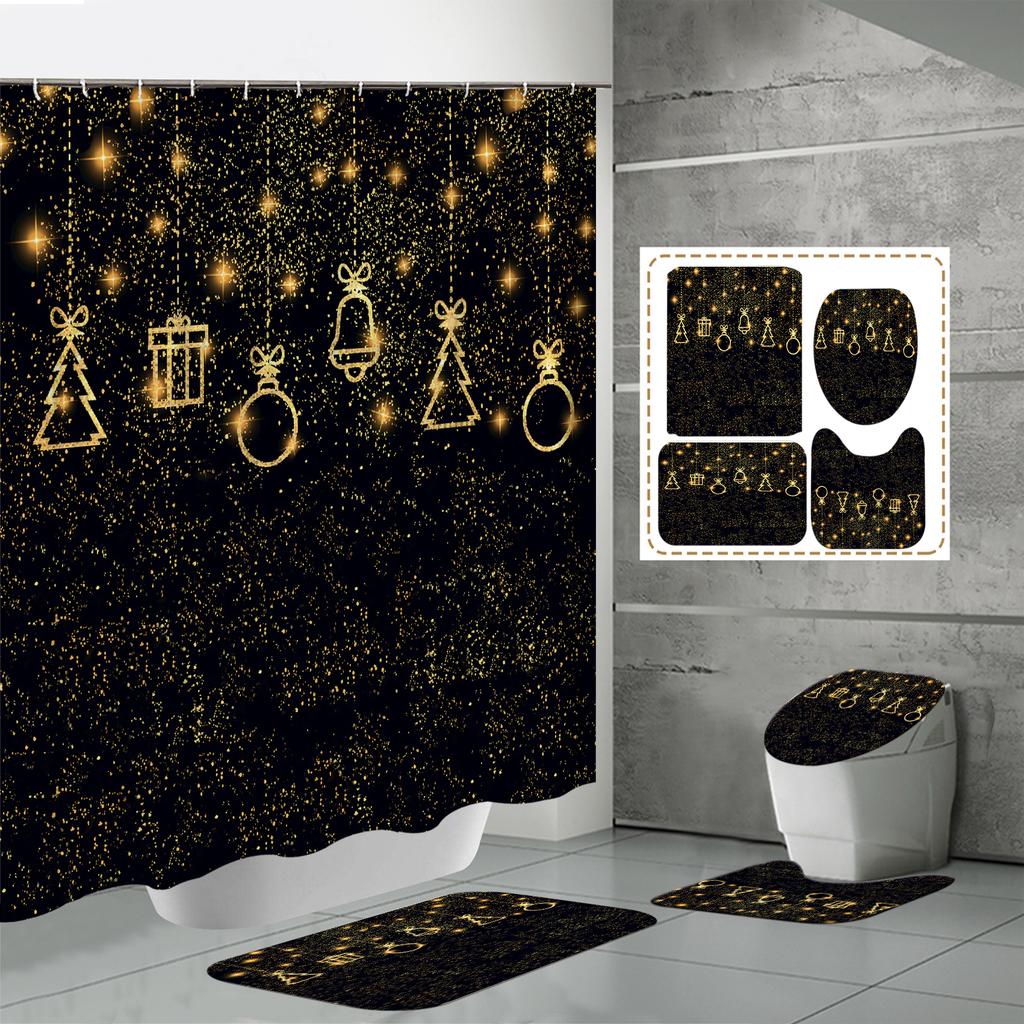 4PCS  Shower Curtain Sets With Shower Curtain And Rugs Toilet Lid Rug U Shape Mat And Bath Mat Bathroom Set  With 12 Hooks