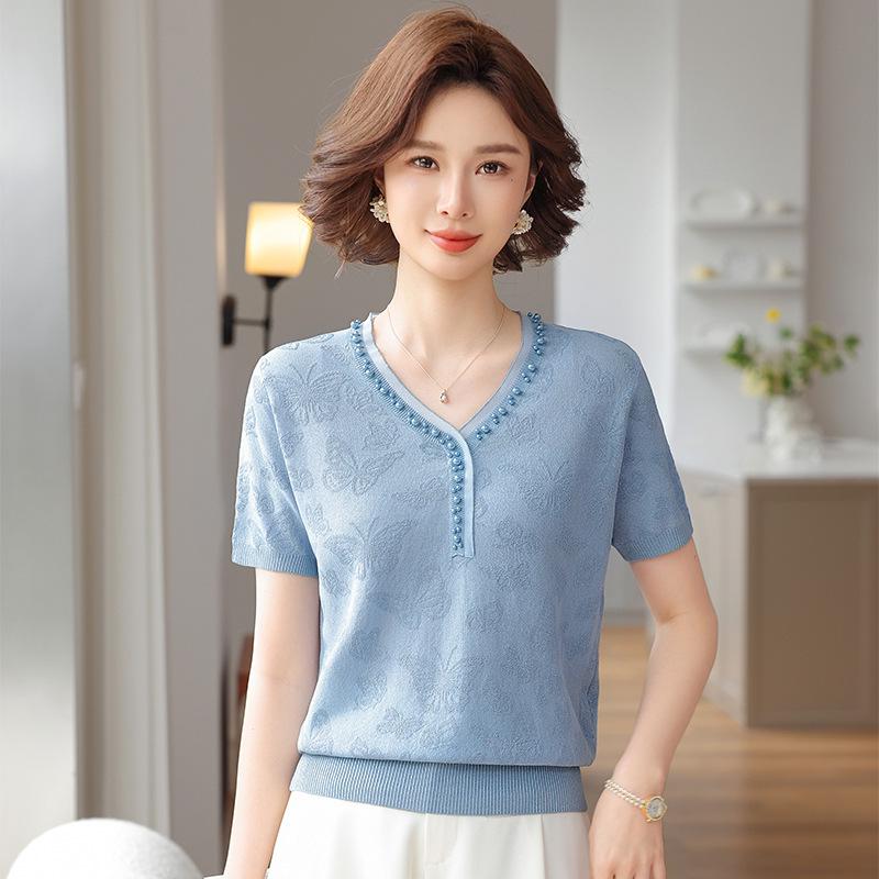 

Elegant Ice Silk Blouse: Short-Sleeve Summer Top for Middle-Aged & Elderly Women XL (100-110 lbs) сірий колір/синій