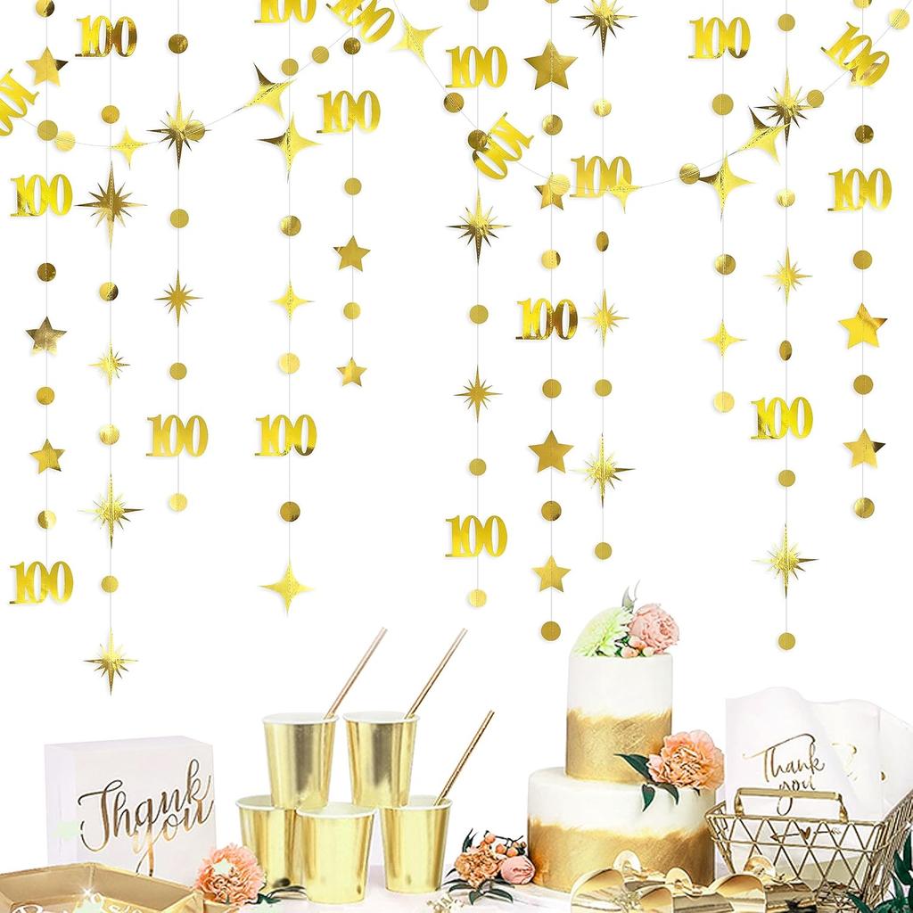 Gold 100th Birthday Decorations Number 100 Circle Dot Twinkle Star Garland Hanging Streamer Bunting Banner Backdrop for Women Mens 100th Anniversary