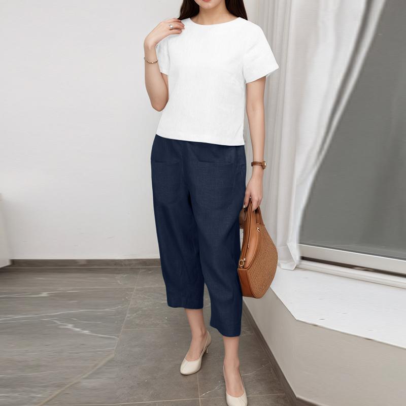 

ZANZEA Women Short Sleeve T-Shirt and Cropped Pants Summer Two Piece Suit Sets 5XL темно-синий