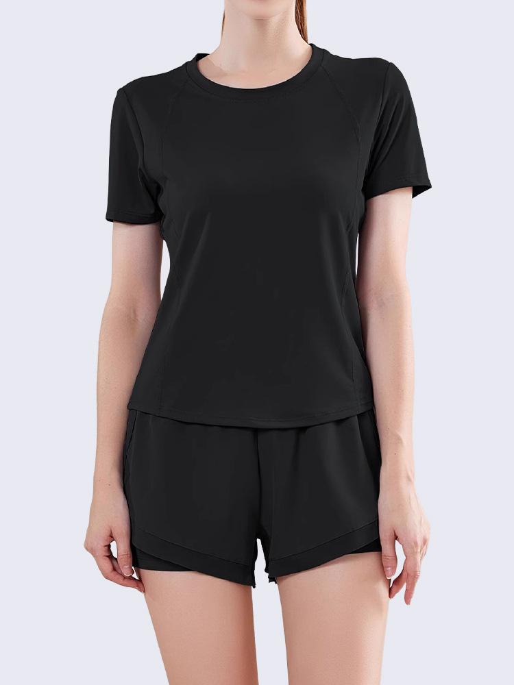 Quick-drying mesh stitching anti-light sports women's summer loose running loose high-waisted yoga clothes short-sleeved set