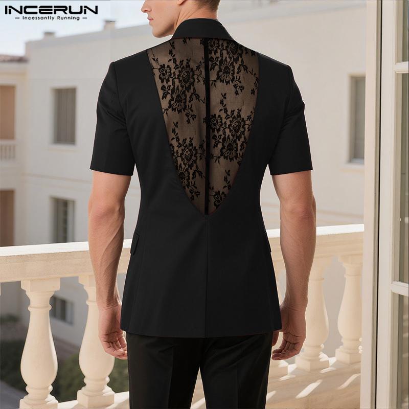 INCERUN Oversized Men Lapel Neck Short Sleeve Back Lace Casual Blazer Tops