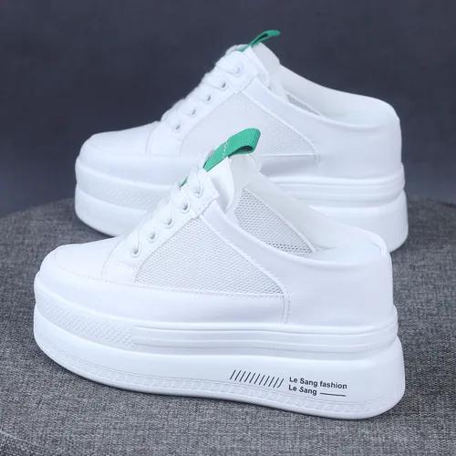 Fashion 2025 Spring and Summer Mesh White Shoes Baotou Half Slippers Women's Thick Bottom Increased 10CM Lazy Shoes White Sneakers
