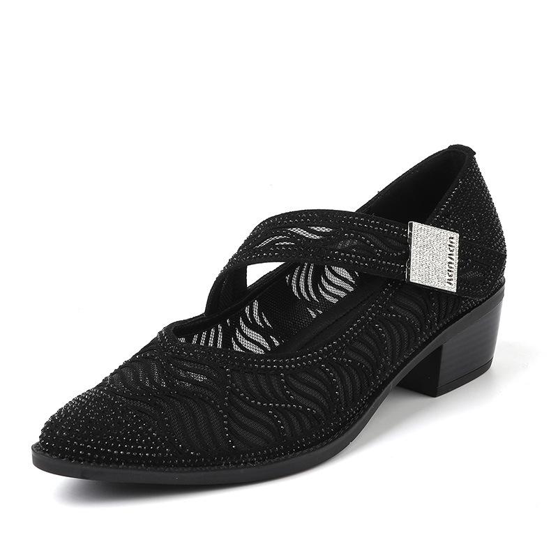 

4cm New Rhinestone Soft-soled Thick-heeled Breathable Sandals Pointy Hollowed-out Shallow Mesh Women s Shoes 35 чорний