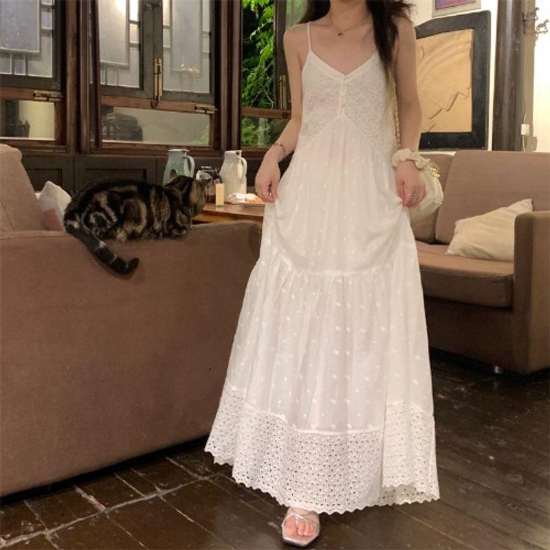 Kumikumi Gentle Style Hollow Lace Sling Dress Women Summer French Style Age-Reducing Drape A- Line Skirt Long Dress