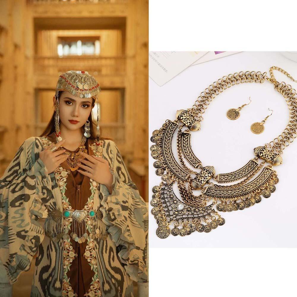 3pcs/set Zinc Zinc Alloy Vintage Necklace Earnail Set Bohemian Style Coin Tassel Necklace  Bridal