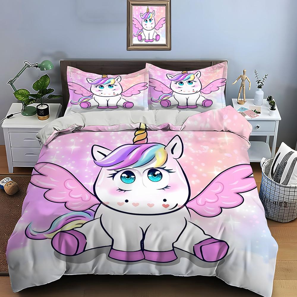 Cute Cartoon Unicorn Print Bedding Set Duvet Cover 1 Duvet Cover 2 Pillowcases Adult And Kids Bedding Set Luxury Holiday Gifts