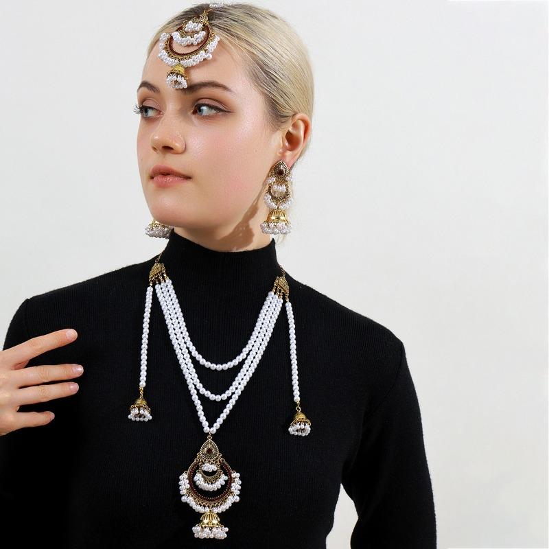 Multi-layer Pearl EarringsNecklaces Hair Chain SetsHigh-end Retro Ethnic Style Accessories