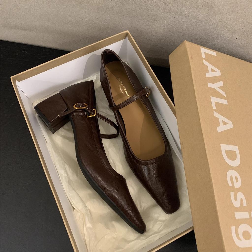 High-Heeled Mary Jane Shoes Pointed-Toed Shallow Mouth Spring Thick Heel French With Skirt Temperament Single Shoes Women'S Shoes
