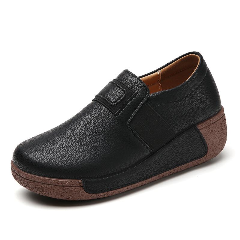 Soft Leather Women Platform Shoes Fashion Wedge Heels Elastic Loafers Elegant Mother Shoes Casual Walking Shoes