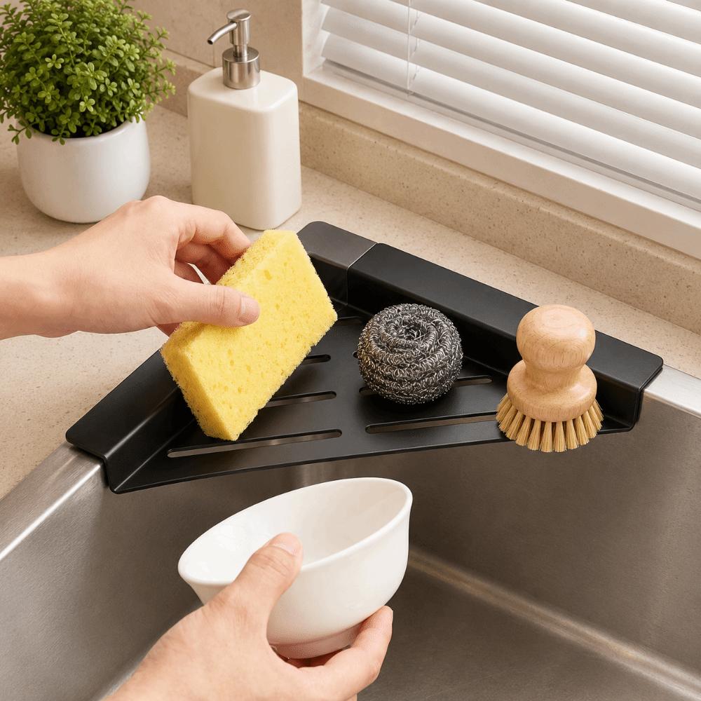 Carbon Steel Sink Corner Rack Anti-rust Waterproof Dish Drying Rack Hollowed Punch-free Dishcloth Sponge Stand Laundry Room