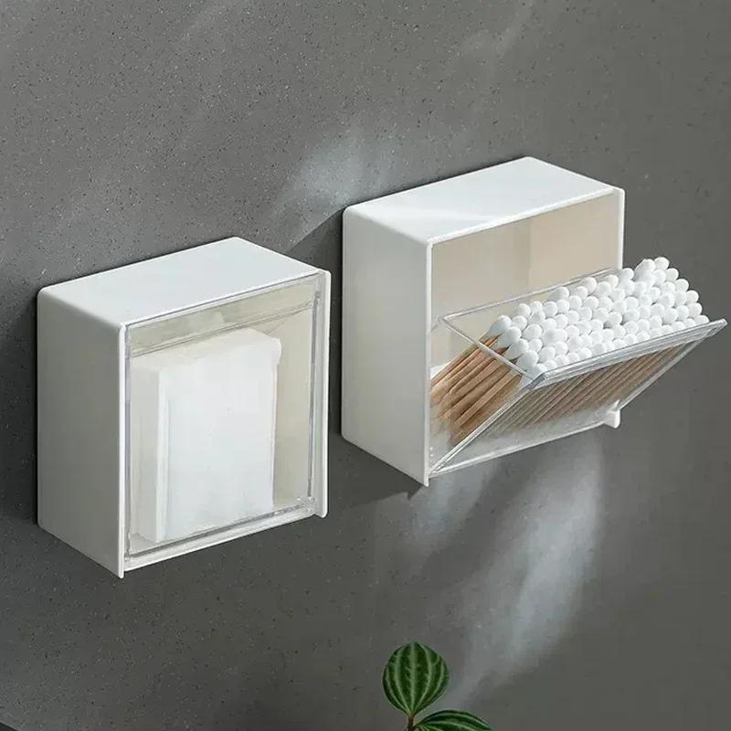 2pcs Dustproof White Wall-Mounted Storage Boxes | Plastic Organizer with Clear Fronts for Bathroom, Swabs, Makeup Small Jewelry