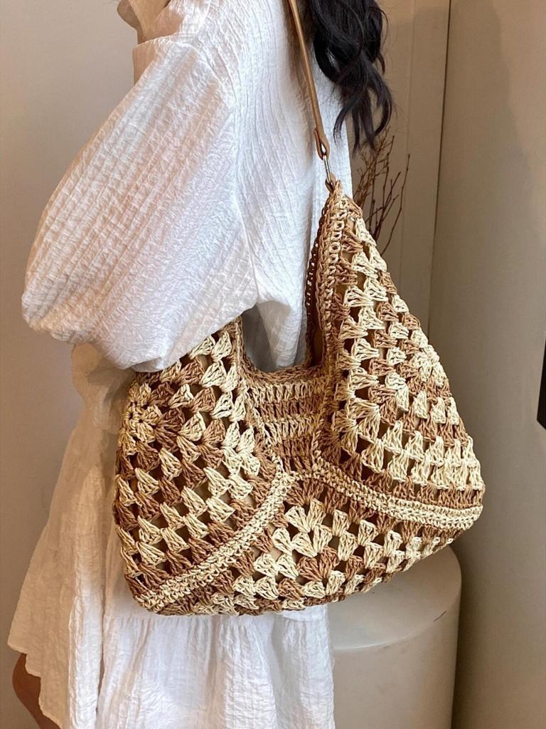 Moda Estiva Coreana Borsa Intrecciata in Paglia da Donna per Vacanze al Mare Borsa a Spalla Tote Vuota Borsa Cesto Intrecciato per Verdura