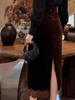 Rongtai Women's Textured Velour Embroidered Lace Hem Bodycon A-line Skirt 2026.