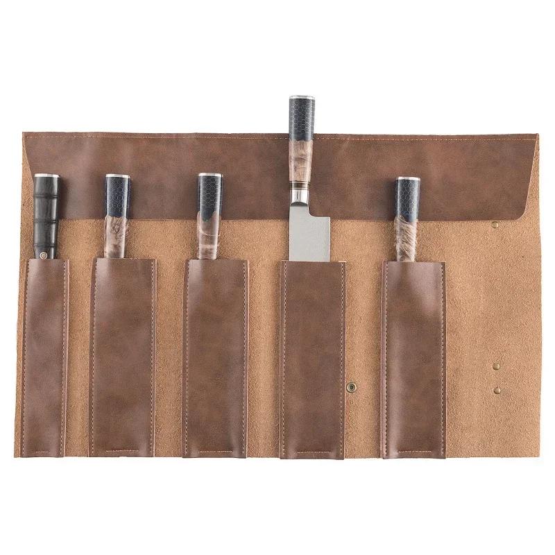 Leather Chef Knife Bag Portable Two-Layer Cowhide Knives Storage Roll Bag Kitchen Camping Cooking Knife Carry Case Pockets Pouch