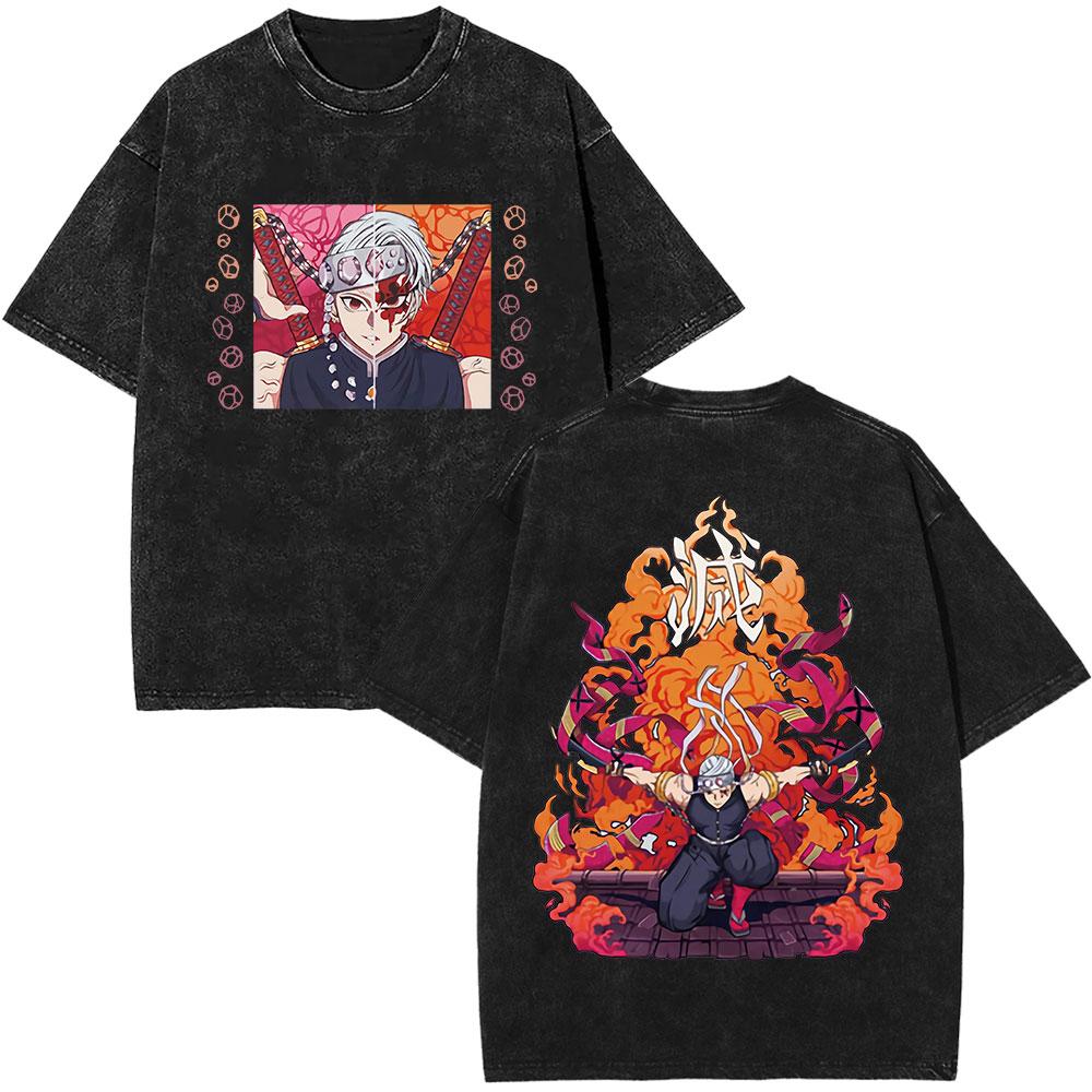 Anime Demon Slayer Washed Vintage TShirt Tengen Uzui KImetsu No Yaiba Manga TShirt Men Cotton Short Sleeve Oversized Tshirts