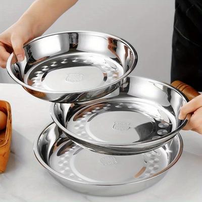 Piatto Rotondo Spesso in Acciaio Inossidabile Non Magnetico Piatto per Barbecue Multiuso Piatto Fondo Piatto Profondo Vassoio per Cibo Campeggio all'Aperto