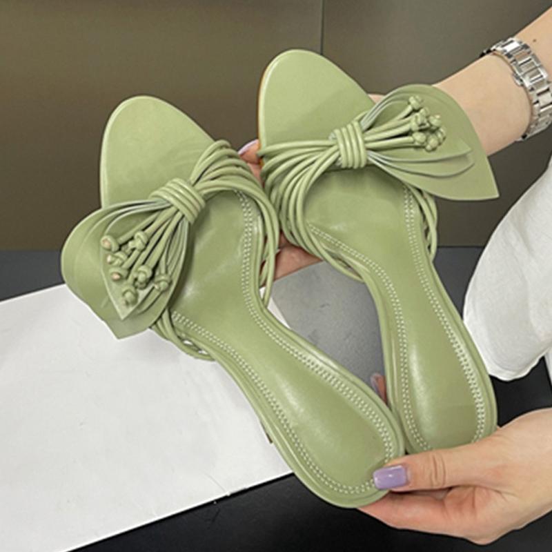 Designer Women Green Leaf Narrow Band Summer Slipper Sandal Street Fashion Open Toe Mules Thin Low Heels Party Dress Shoes