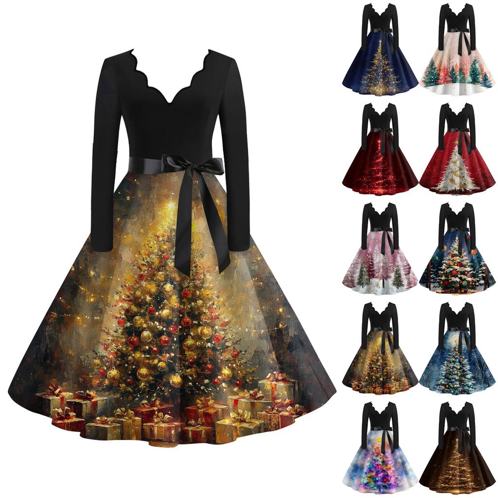 Women's Casual Fashion V Neck Long Sleeve Christmas Printed Party Vintage Long Dresses