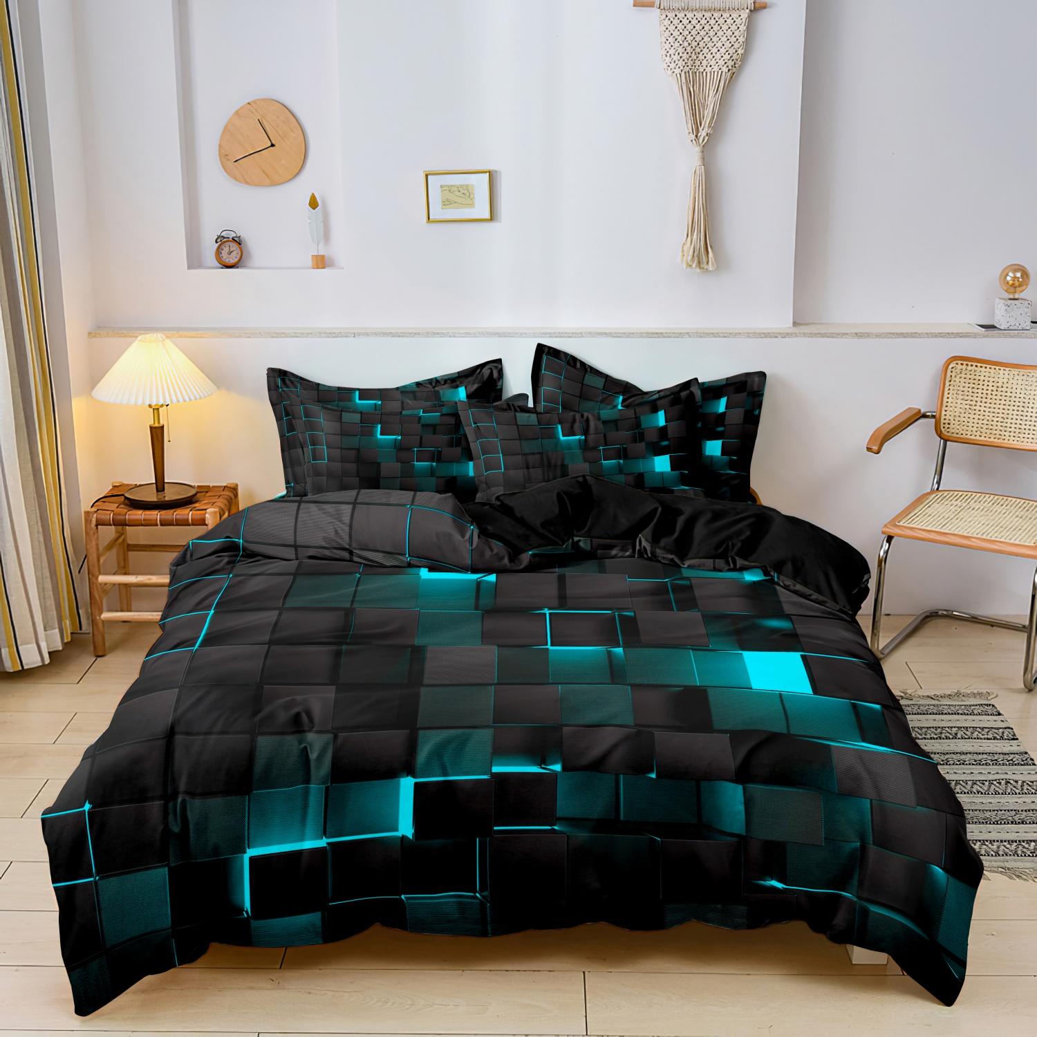 

3pcs 3D Digital Print Energy Block Geometric Cube Modern Grid Plaid Checked Bedding Set Includes 1*Duvet Cover & 2*Pillowcases EU Single-135x200cm&set