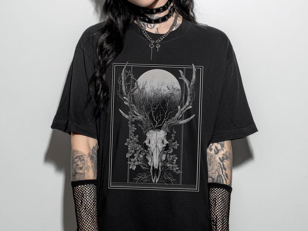 Deer Skull Goth Graphic T-Shirt, Witchy Dark Academia Shirt, Dark Cottagecore Forestcore Clothing, Gothic Clothes, Emo Goth Gift For Her