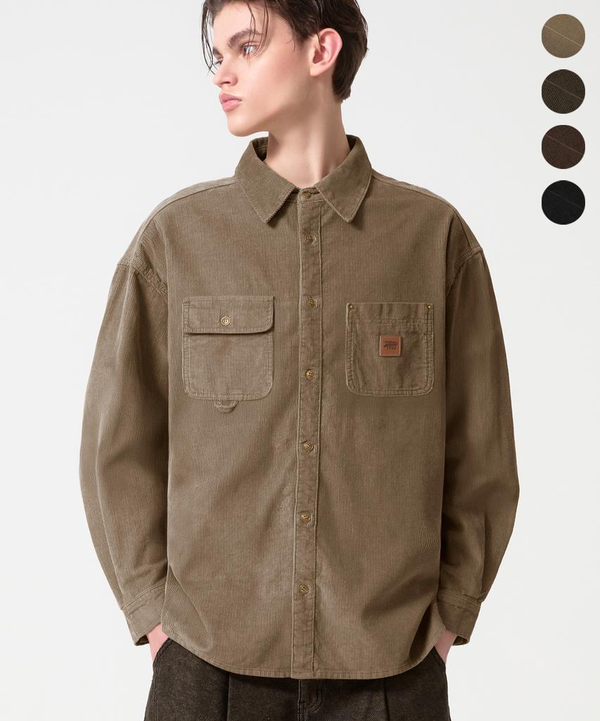TRILLION Leather Patch Corduroy Work Shirt_4Color
