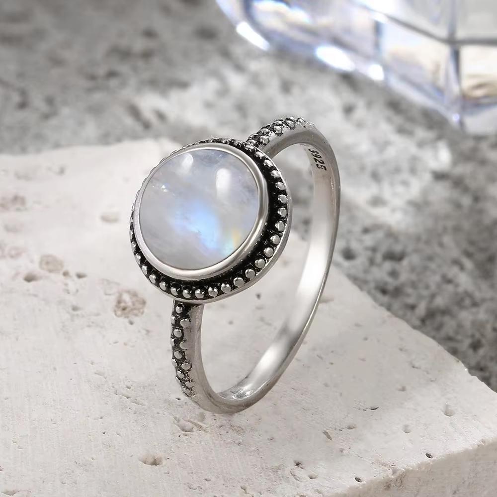 Vintage 925 Sterling Silver Natural Moonstone Rings Bohemia Oval Shape Retro Ring Gifts Fine Jewelry for Women Men