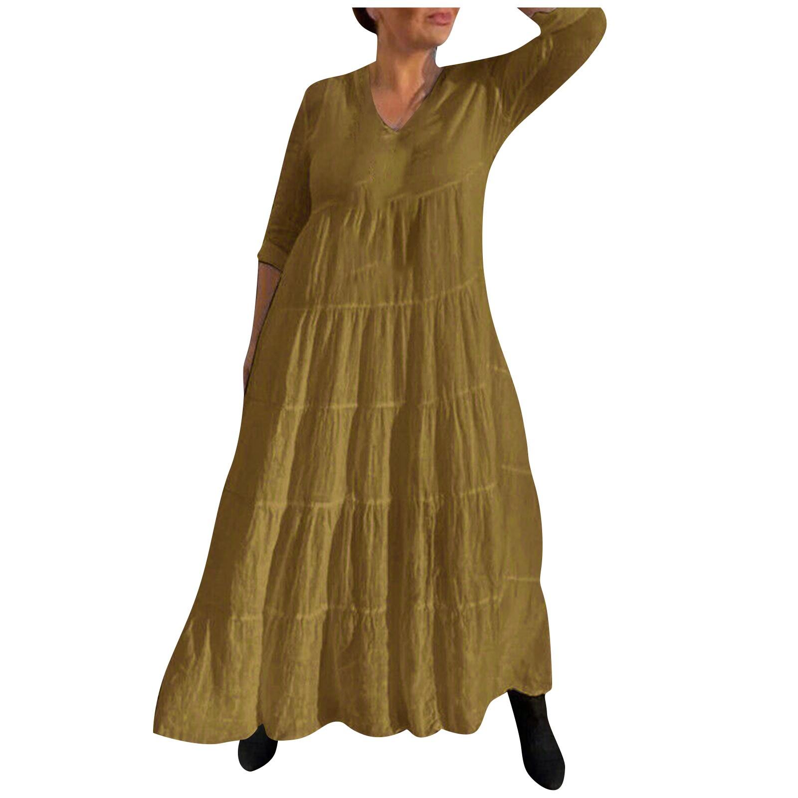 

Женское темпераментное однотонное свободное платье с v-образным вырезом, повседневное платье, платье XL коричневый