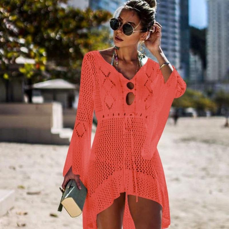 Women's Hollow Out Sun Shirt Flared Sleeve Beach Cover Up Bikini Outer Shirt Knitwear