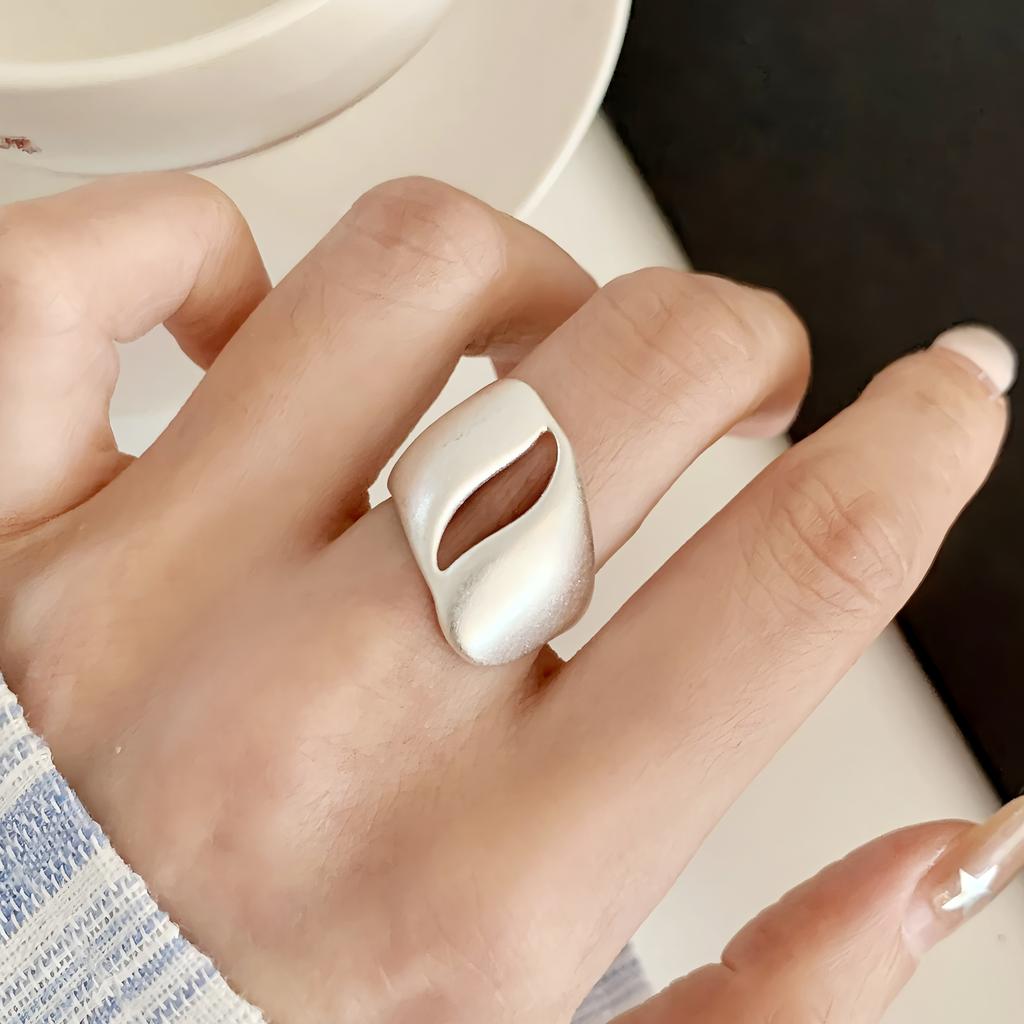 PANJBJ 925 Silver Frosting Geometry Ring for Women Wide Texture Versatile Handmade Ins Jewelry Gift