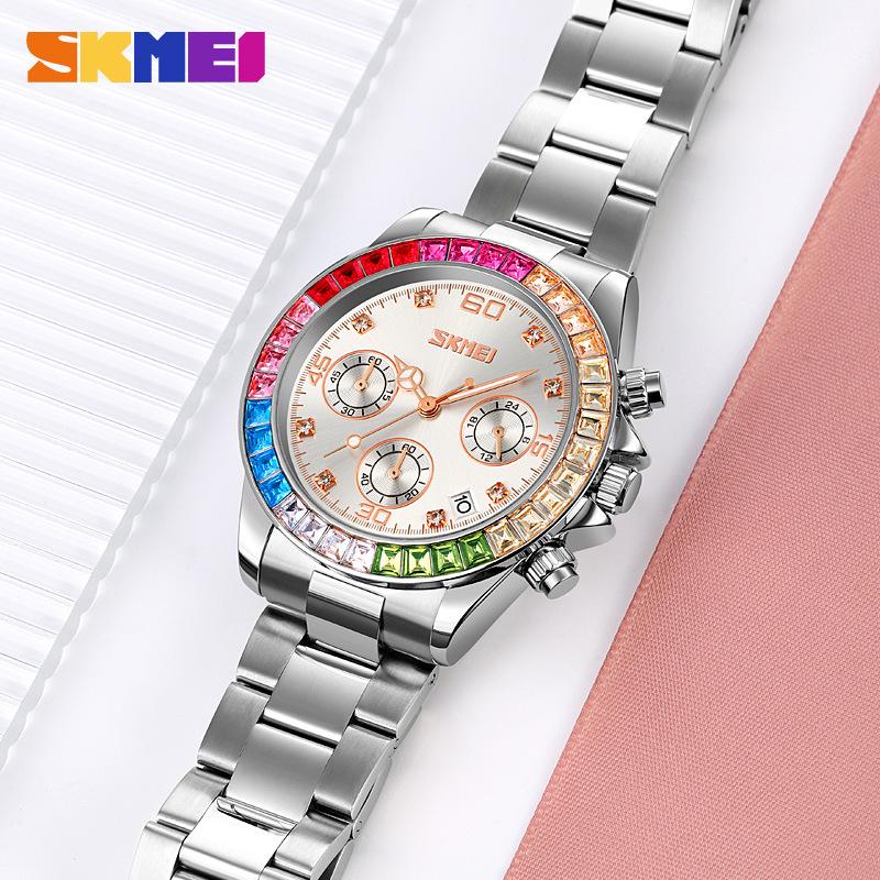 Skmei Orologi da Donna Lunetta Pietre Preziose Arcobaleno Business Lusso Top Brand Orologi al Quarzo Impermeabili Orologi Sportivi