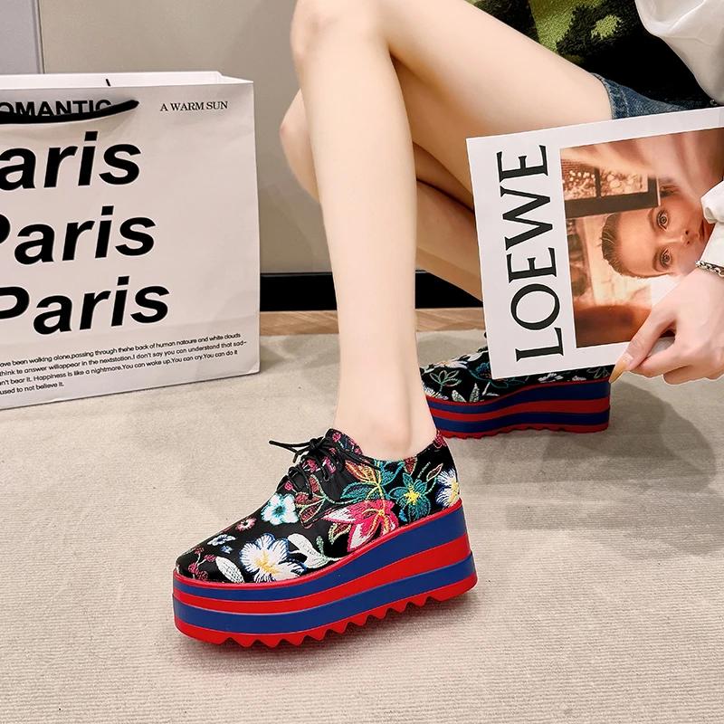 Fashion Ladies Shoes 2024 Lace Up Women's High Heels Plus Size Casual Pumps Women Print Round Toe Platform Wedges Shoes Women Zapatos